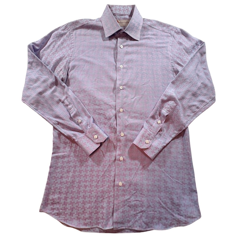 Mahtanis Hong Kong Custom Tailored Dress Shirt Mens M Purple Geometric Pattern - Picture 2 of 9